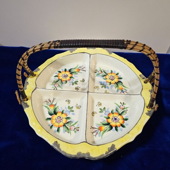 Vintage Ceramic Divided Serving Dish With Floral Design & Wicker Handle - Picture 4 of 16